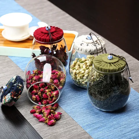 High Borosilicate Glass Tea Canister With Fabric Cork Lid Airtight Storage Jar For Loose Tea Dried Flower Home Organizer