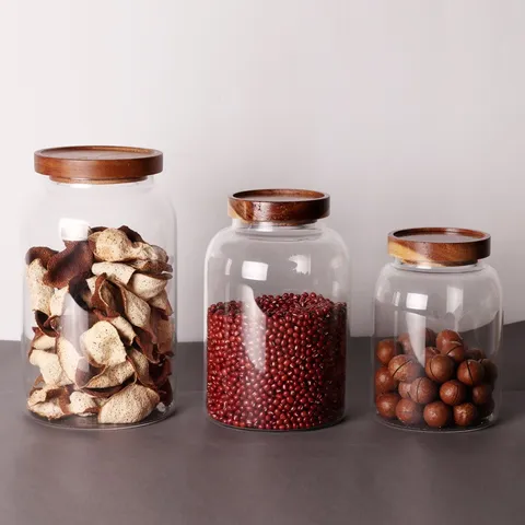 Modern Borosilicate Glass Storage Jar With Acacia Wood Lid Clear Round Food Sealed Canister Household Kitchen Storage Bottle