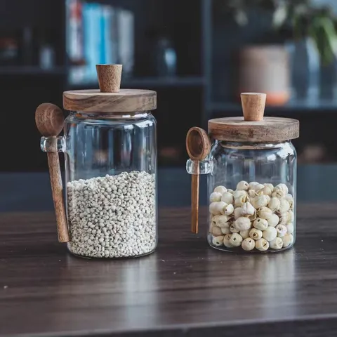 Coperchio in Legno di Acacia Con Cucchiaio Barattolo in Vetro Sigillato Cucina Contenitore per Cereali Vetro Ermetico Barattolo Zucchero Fagioli