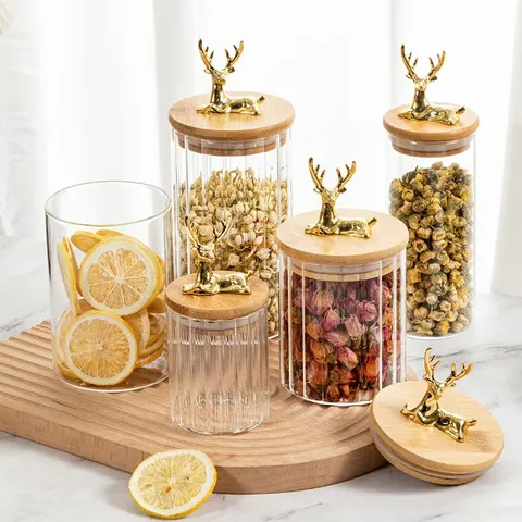Modern Borosilicate Glass Food Storage Jar With Airtight Bamboo Lid Golden Elk Reindeer Decor Ribbed Sealed Canister For Kitchen Pantry