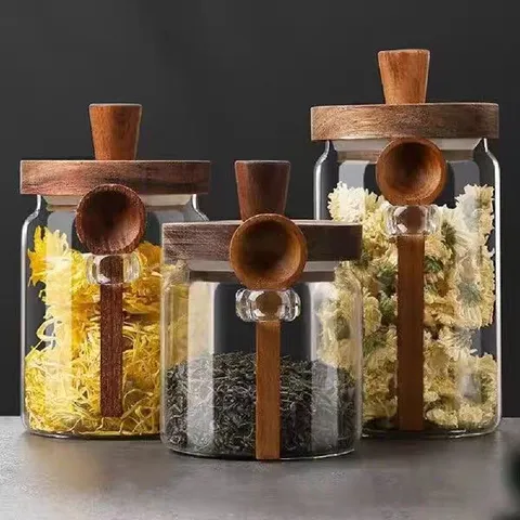 Barattolo per Condimenti in Vetro Borosilicato Con Coperchio in Legno e Cucchiaio Contenitore Ermetico per Spezie da Cucina Trasparente