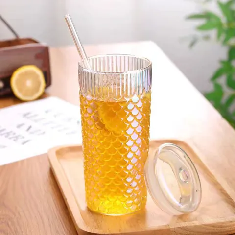Fischschuppen Relief Glas Trinkbecher Mit Strohhalm Und Deckel Irisierend Borosilikatglas Kaffeetasse Für Saft Milchtee Glasbecher