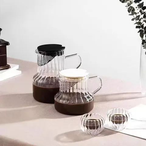 Modern Borosilicate Glass Coffee Pot With Stainless Steel Filter Ribbed Texture Heat Resistant Transparent Tea Pitcher For Home Office Drinkware