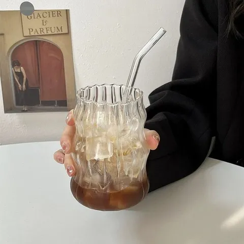 Ins Stil Hochborosilikatglas Wolkenbecher Spiralwellenmuster Kaffee Milchglas Mit Deckel Aus Bambus Und Glasstrohhalm Küche