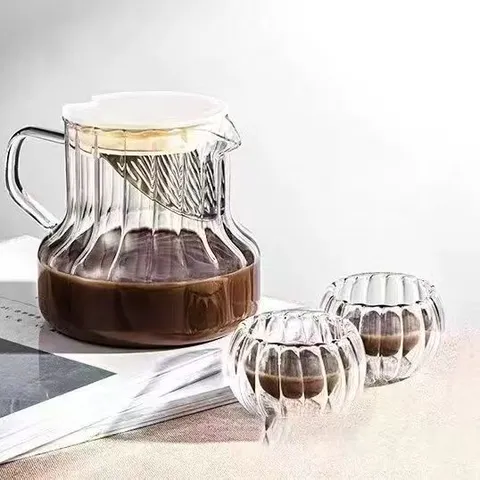 Modern Borosilicate Glass Coffee Pot With Stainless Steel Filter Ribbed Texture Heat Resistant Transparent Tea Pitcher For Home Office Drinkware