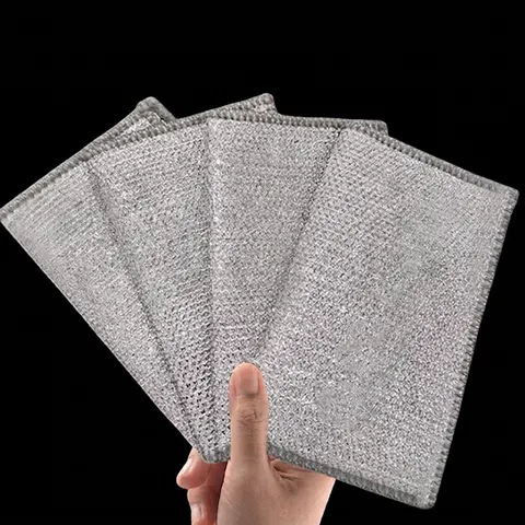 Cotton Yarn Silver Wire Mesh Dishcloth For Kitchen Cleaning Scrubbing Pots Pans Reusable Metal-Like Cleaning Rag Non-Scratch Scrub Cloth