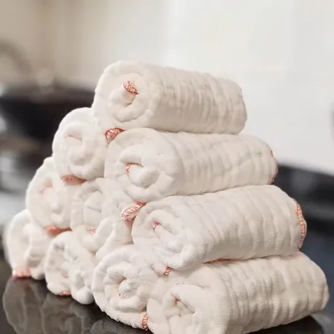 Thickened Cotton Gauze Dishcloth For Kitchen Cleaning Absorbent Reusable Washing Cloth White With Red Edge For Home Dishes