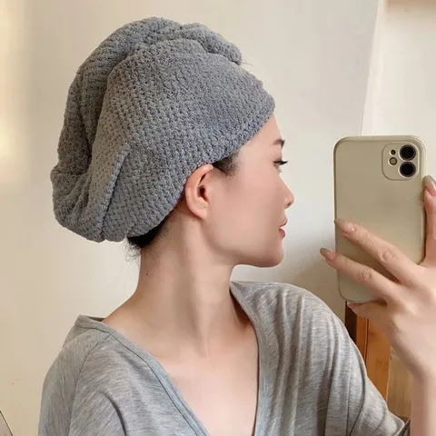Super Absorbent Coral Fleece Dry Hair Cap Pineapple Grid Thickened Quick Dry Hair Turban With Bear Button For Women Wrap Towel