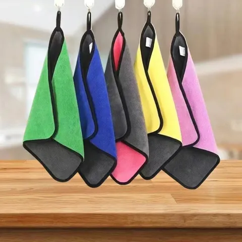 Absorbent Microfiber Cleaning Cloth Double Sided Thickened Dishcloth Lint Free Kitchen Towel With Hanging Loop Soft Scouring Pad