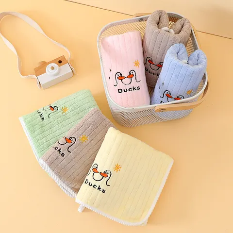 Cartoon Duck Embroidered Kids Coral Fleece Towel Soft Absorbent Quick Dry Face Washcloth For Kindergarten Home Bathroom