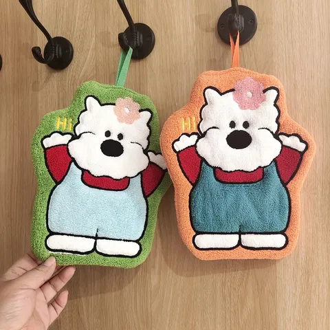 Cute Cartoon Bear Hanging Hand Towel Coral Velvet Highly Absorbent Soft Animal Shape Drying Cloth For Kitchen Bathroom