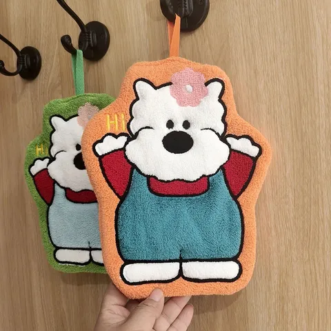 Cute Cartoon Bear Hanging Hand Towel Coral Velvet Highly Absorbent Soft Animal Shape Drying Cloth For Kitchen Bathroom