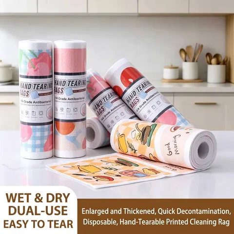 Disposable Microfiber Kitchen Cleaning Cloth Printed Dry Wet Use Lazy Rag Super Absorbent Reusable Household Cleaning Roll