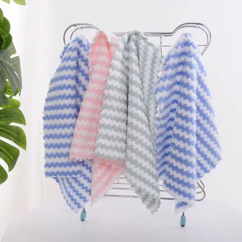 Wavy Stripes Microfiber Kitchen Dishcloth Thickened Coral Fleece Cleaning Towel Oil-Resistant Absorbent Lint-Free Washcloth Cleaning Tool