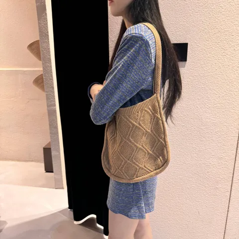 Dames Gebreide Tote Tas Vintage Kabelpatroon Ruitjespatroon Schoudertas Crossbody Tas Grote Capaciteit Casual Polyester Handtas