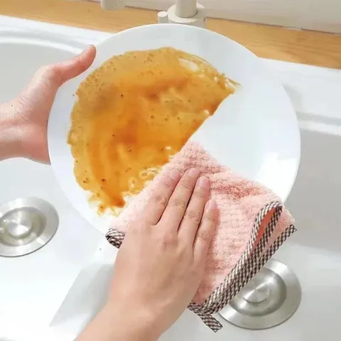 Microfiber Absorbent Kitchen Cleaning Cloth Plaid Edging Dish Towel Non-Shedding Oil-Resistant Hanging Loop Hand Wiping Towel
