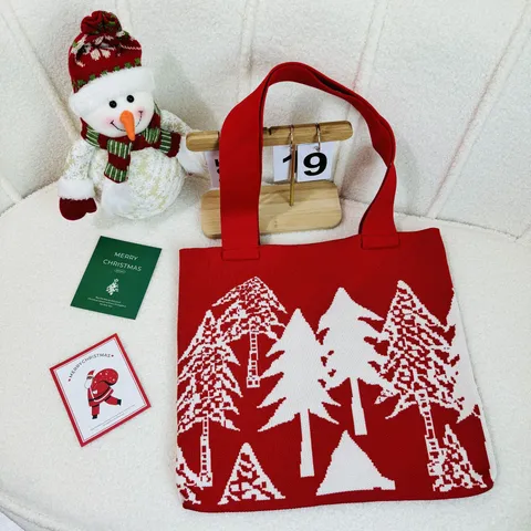 Bolso de Mano de Punto de Poliéster con Patrón de Árbol de Navidad Bolso de Compras Reutilizable de Gran Capacidad para Mujer