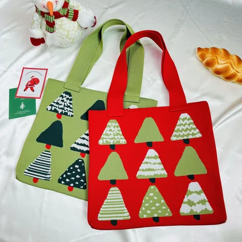 Dames Kerstboom Gebreide Schoudertas Koreaanse Mode Grote Capaciteit Gebreide Tote Tas Voor Vakantie Winkelen Cadeau