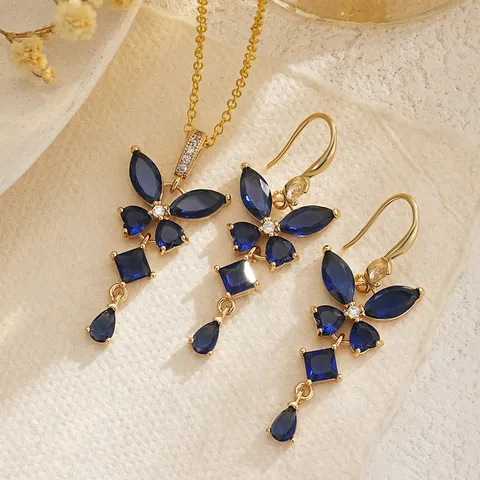 Vintage Blue Zirconia Butterfly Jewelry Set For Women Gold Plated Copper Floral Pendant Necklace Dangle Earrings Banquet Elegant Accessories