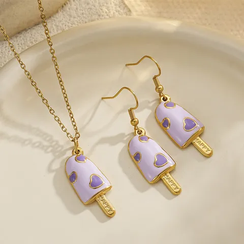 Summer Dopamine Ice Cream Stainless Steel Jewelry Set For Women Sweet Enamel Drip Oil Heart Popsicle Necklace Earrings Set Fashion Jewelry Gift
