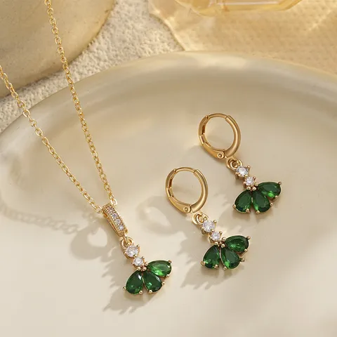 Japanese Light Luxury Copper Zirconia Green Dress Ballet Girl Jewelry Set Stainless Steel Chain Necklace Earrings For Women