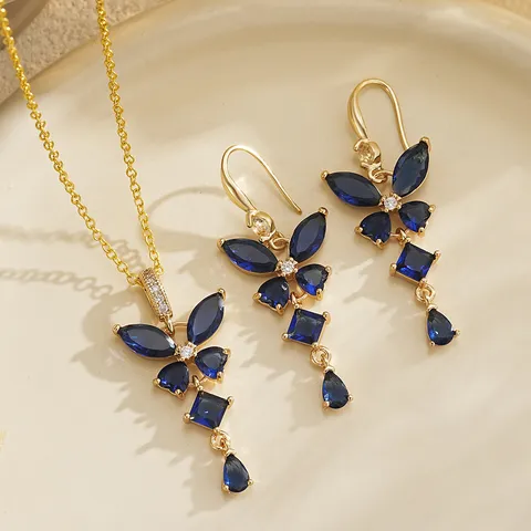 Vintage Blue Zirconia Butterfly Jewelry Set For Women Gold Plated Copper Floral Pendant Necklace Dangle Earrings Banquet Elegant Accessories