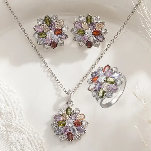 Rainbow Zirconia Flower Pave Copper Jewelry Necklace Earring Ring For Women Wedding Banquet Light Luxury Flower Accessories