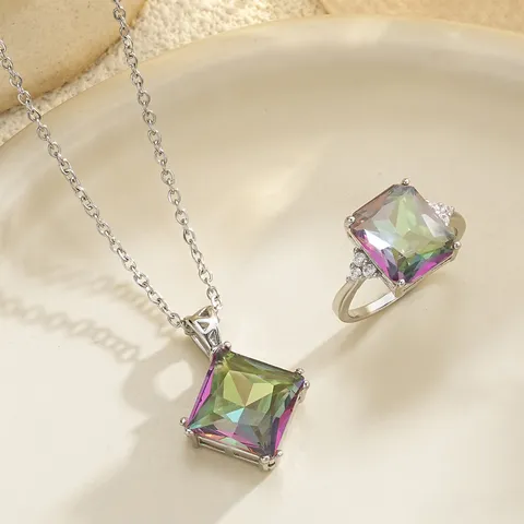 Elegant Copper Synthetic Crystal Jewelry Set Rainbow Gradient Square Pendant Necklace And Pave Zirconia Ring For Women