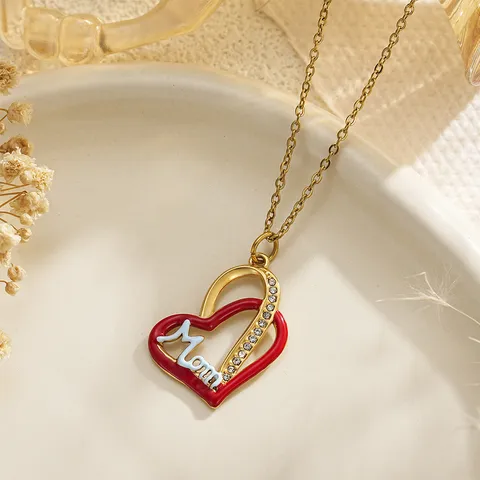 Mother's Day Stainless Steel Enamel Heart Pendant Necklace Gold Plated Zirconia MOM Mama Cat Letter Jewelry Gift For Women