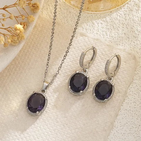 Victorian Purple Oval Zirconia Jewelry Set For Women Silver Plated Copper Necklace Leverback Earrings Set Wedding Party Formal Jewelry
