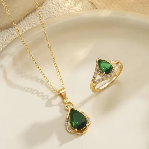Luxury Emerald Green Waterdrop Zirconia Jewelry Set Gold Plated Copper Necklace And Ring Set For Women Banquet Party Accessories