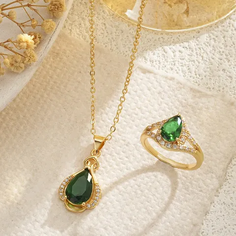 Luxury Emerald Green Waterdrop Zirconia Jewelry Set Gold Plated Copper Necklace And Ring Set For Women Banquet Party Accessories