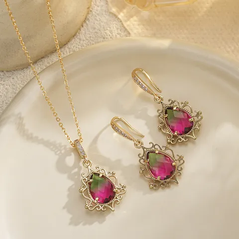 Vintage Teardrop Zirconia Jewelry Set Water Drop Gradient Crystal Necklace Earrings For Wedding Banquet Women Jewelry