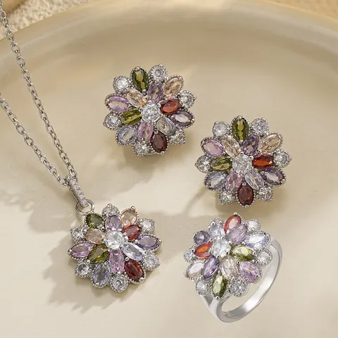 Rainbow Zirconia Flower Pave Copper Jewelry Necklace Earring Ring For Women Wedding Banquet Light Luxury Flower Accessories