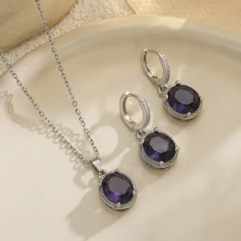 Victorian Purple Oval Zirconia Jewelry Set For Women Silver Plated Copper Necklace Leverback Earrings Set Wedding Party Formal Jewelry