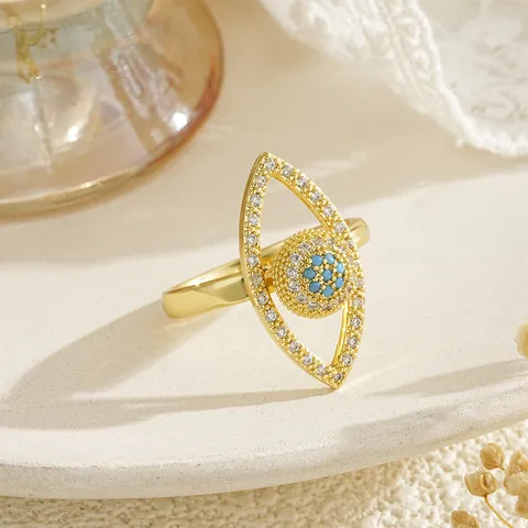 Gold Plated Copper Evil Eye Open Ring For Women Rotatable Rhinestone Statement Finger Ring Bohemian Jewelry Gift