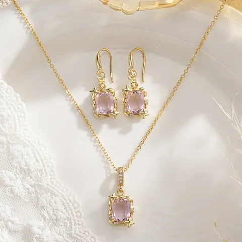 Luxury Square Zirconia Jewelry Set For Women Copper Artificial Crystal Earrings Necklace Stainless Steel Chain Light Luxury Party Accessories