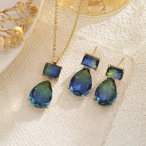 French Vintage Gradient Teardrop Zirconia Necklace And Earrings Jewelry Set Copper Gold Plated Artificial Crystal For Women