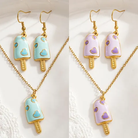 Summer Dopamine Ice Cream Stainless Steel Jewelry Set For Women Sweet Enamel Drip Oil Heart Popsicle Necklace Earrings Set Fashion Jewelry Gift
