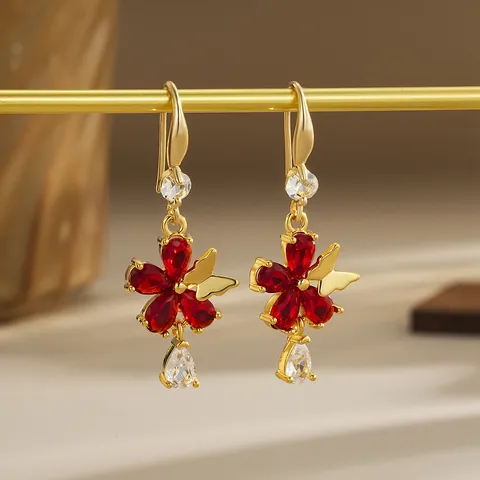 Vintage Red Rhinestone Heart Star Drop Earrings For Women Gold Plated Brass Emerald Cut Flower Butterfly Wedding Jewelry