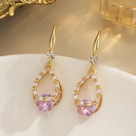 Sweet Pink Rhinestone Drop Earrings For Women Gold Plated Star Bow Butterfly Hollow Drip Ear Hook Jewelry Gift