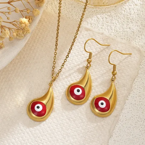 Vintage Evil Eye Necklace Earring Set Stainless Steel Gold Plated Enamel Drip Oil Heart Waterdrop Pendant Jewelry For Women