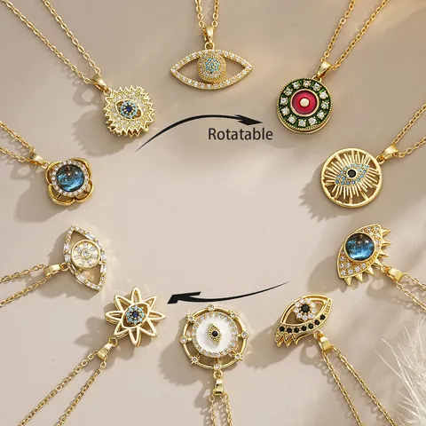 Rotatable Evil Eye Pendant Necklace Gold Plated Copper Zirconia Turkish Lucky Eye Star Charm Choker For Women Party Jewelry