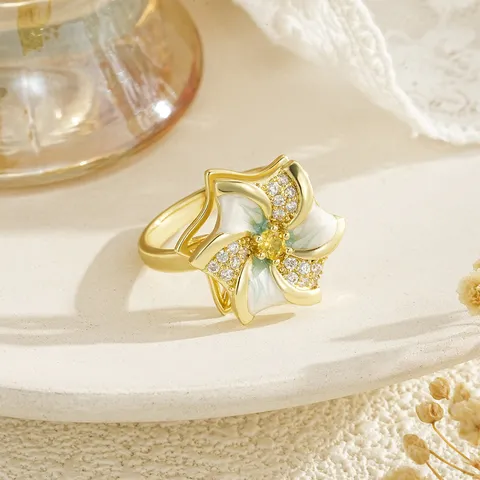 Rotatable Flower Snowflake Zirconia Ring Gold Plated Copper Inlaid Adjustable Open Finger Ring Stress Relief Women Jewelry Gift