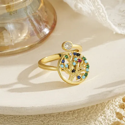 Rotatable Copper Zirconia Ring For Women Colorful Zircon Tree Of Life Four Leaf Clover Star Adjustable Open Finger Ring Fashion Jewelry