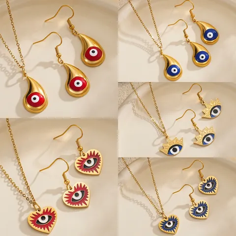 Vintage Evil Eye Necklace Earring Set Stainless Steel Gold Plated Enamel Drip Oil Heart Waterdrop Pendant Jewelry For Women