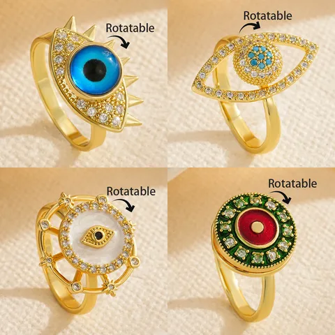 Gold Plated Copper Evil Eye Open Ring For Women Rotatable Rhinestone Statement Finger Ring Bohemian Jewelry Gift