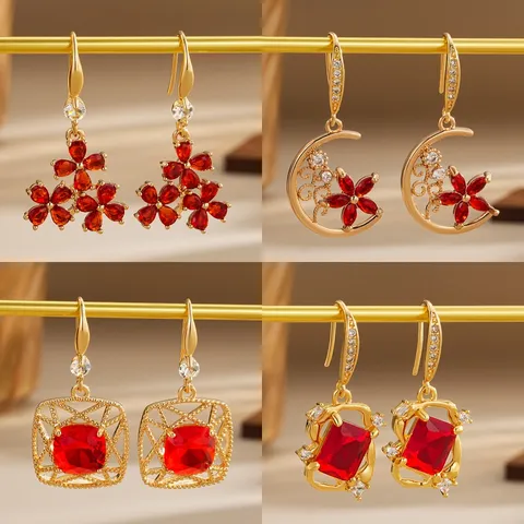 New Chinese Style Vintage Copper Drop Earrings For Women Red Rhinestone Flower Moon Star Gold Plated Hook Earrings Jewelry