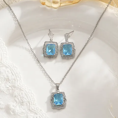 European Bridal Wedding Jewelry Set Copper Zirconia Inlaid Aquamarine Blue Pendant Necklace Earrings Set For Women