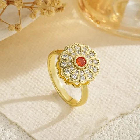 Rotatable Flower Spinning Ring For Women Gold Plated Copper Rhinestone Artificial Pearl Stress Relief Fashion Finger Jewelry